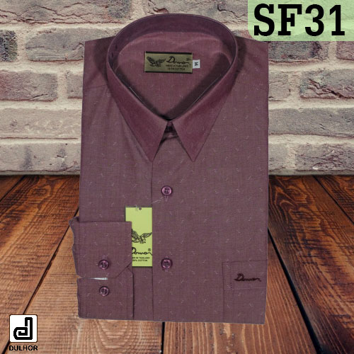 เสื้อเชิ๊ตแขนยาว ทรงเข้ารูป คอตต้อนทอลายขีด สีแดงหม่น