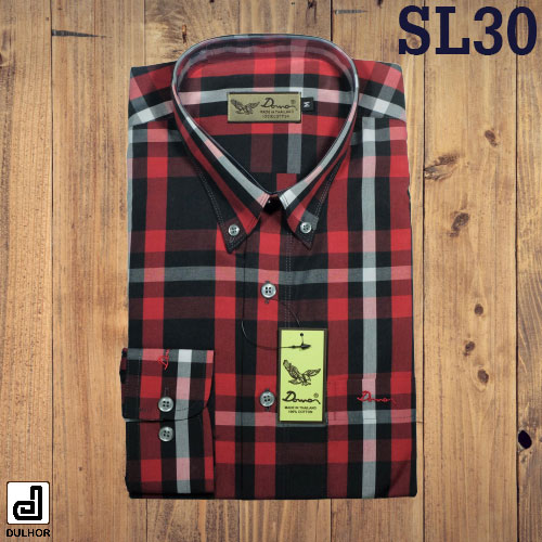 เสื้อเชิ้ตแขนยาว ทรงตรง สก๊อตใหญ่ สีแดง
