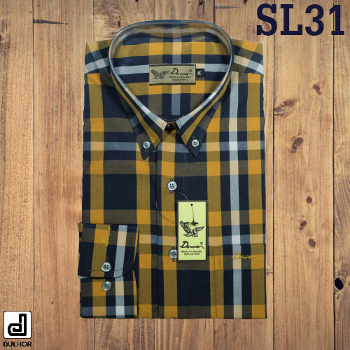 เสื้อเชิ้ตแขนยาว ทรงตรง สก๊อตใหญ่ สีเหลือง