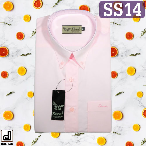 เสื้อเชิ๊ตแขนสั้น สีชมพู ผ้าคอมป์ทวิว