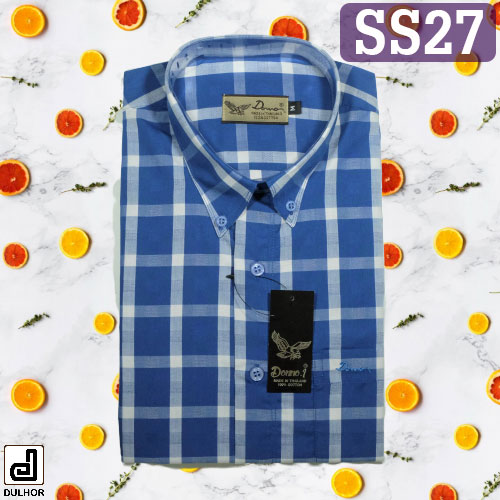 เสื้อเชิ๊ตแขนสั้น ลายสก๊อต สีน้ำเงิน