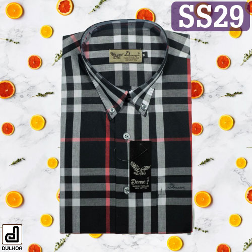 เสื้อเชิ๊ตแขนสั้น ลายสก๊อต สีบลูเบอรี่ดำ