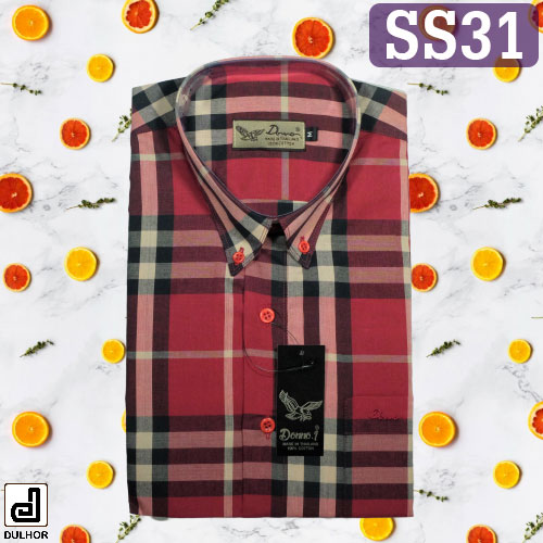 เสื้อเชิ๊ตแขนสั้น ลายสก๊อต สีบลูเบอรี่แดง